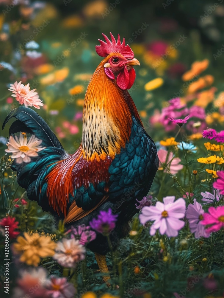 Fototapeta premium Rooster in flower field