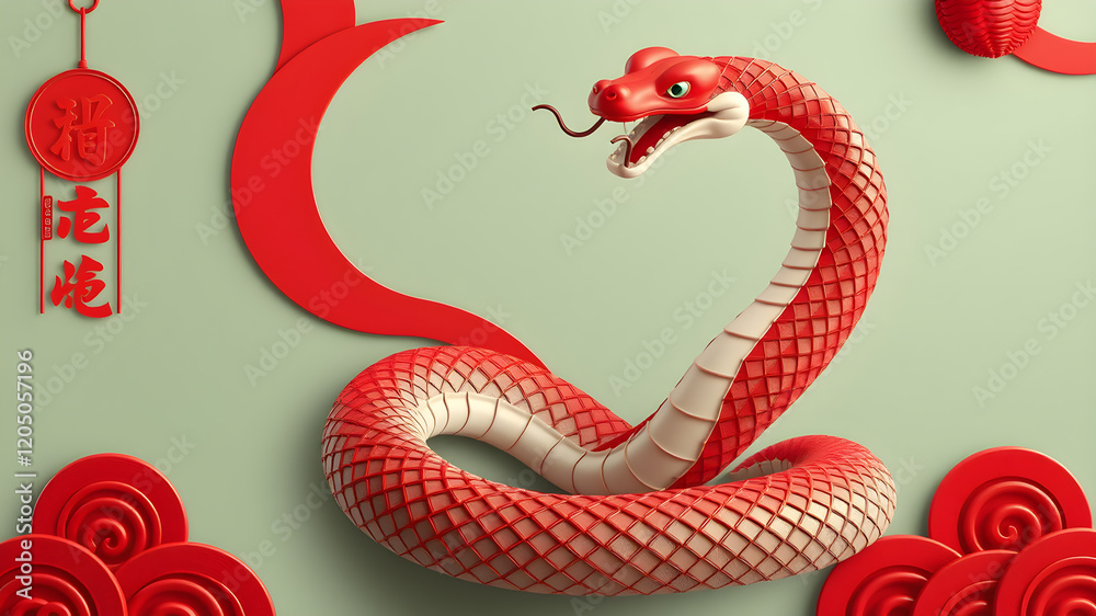 Year of the Snake, scales, auspicious red, 3D, gentle style. Generative AI Year of the Snake, scales, auspicious red, 3D, gentle style. Generative AI