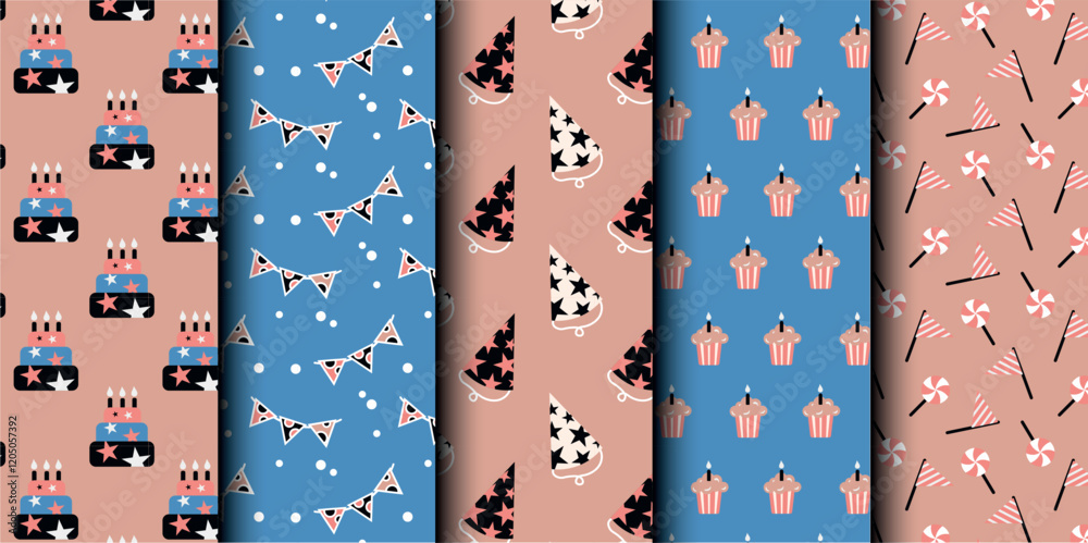Set of birthday vector seamless pattern. Happy Birthday. Birthday symbols background. Bright colorful seamless birthday pattern with cakes, gifts and party symbols. Modern blue and brown design. Set of birthday vector seamless pattern. Happy Birthday. Birthday symbols background. Bright colorful seamless birthday pattern with cakes, gifts and party symbols. Modern blue and brown design.