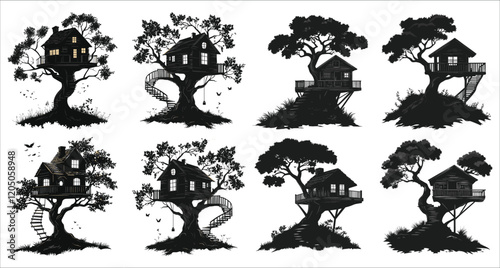  Silhouette of a cozy treehouse, Abstract treehouse icon collection, Treehouse silhouettes in the forest, Children’s treehouse silhouettes in the trees, Beautiful treehouse silhouettes vector