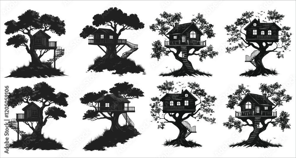  Silhouette of a cozy treehouse, Abstract treehouse icon collection, Treehouse silhouettes in the forest, Children’s treehouse silhouettes in the trees, Beautiful treehouse silhouettes vector