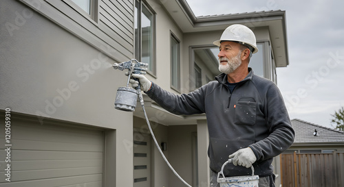 Senior professional painter using spray equipment for exterior house painting project wearing safety gear