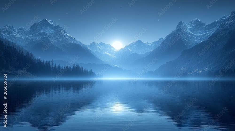 3D render of dark blue mountains, calm water surface with reflections, night sky, and foggy minimalist scene. 3D render of dark blue mountains, calm water surface with reflections, night sky, and foggy minimalist scene.