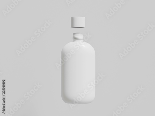 oval bottle with round shape skrew cap mockup, front view oval shape PET plastic bottle, squeeze liquid skincare and cosmetic product tube packaging, open skrew cap HDPE container mockup