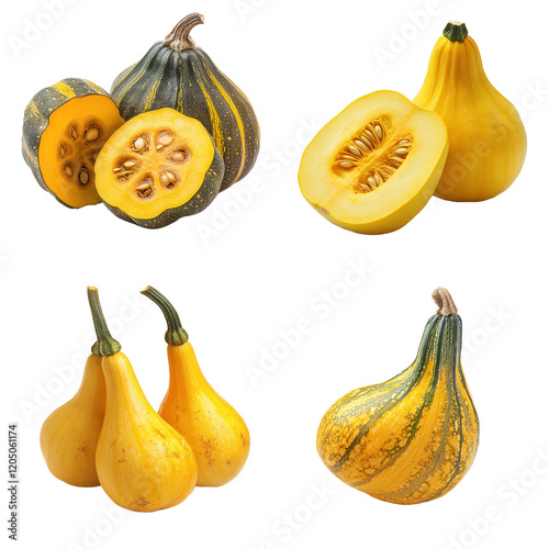 Various types of decorative gourds with vibrant yellow hues, isolated on transparent or white background