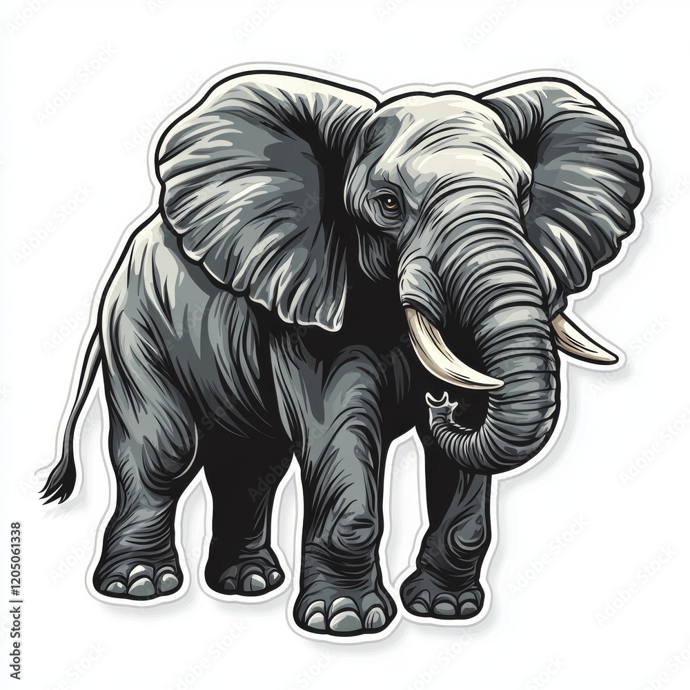 Magnificent illustration of a full-bodied elephant with large tusks detailed in a classic comic book style Magnificent illustration of a full-bodied elephant with large tusks detailed in a classic comic book style