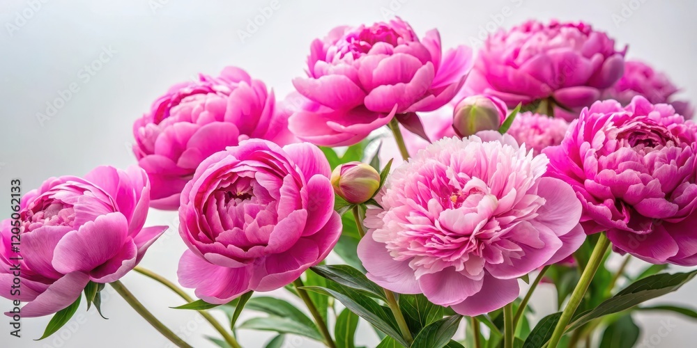 Obraz premium Vibrant pink peonies in full bloom against a soft white background