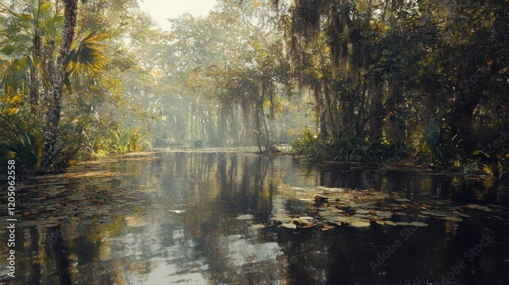 Misty swamp waterway, cypress trees, tranquil scene, morning light, nature tourism Misty swamp waterway, cypress trees, tranquil scene, morning light, nature tourism