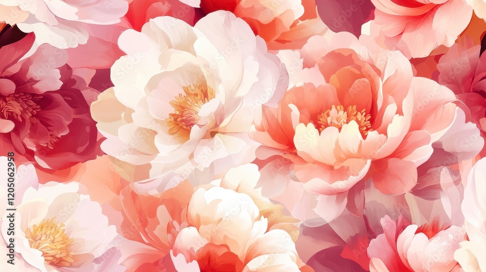 Blush Peony Delight, intricate seamless pattern showcasing delicate peonies in soft blush hues, perfect for elegant textile design. Blush Peony Delight, intricate seamless pattern showcasing delicate peonies in soft blush hues, perfect for elegant textile design.