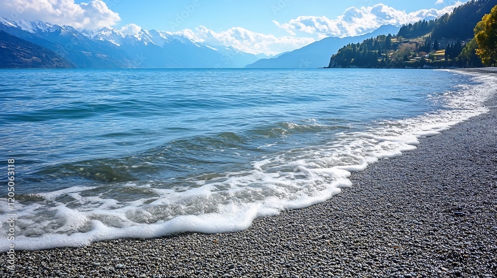 Breathtaking Alpine Lake with Snow Capped Mountains and Serene Shoreline Breathtaking Alpine Lake with Snow Capped Mountains and Serene Shoreline