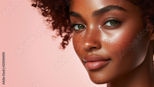 A black skinned model with curly red hair stands against a soft pink background