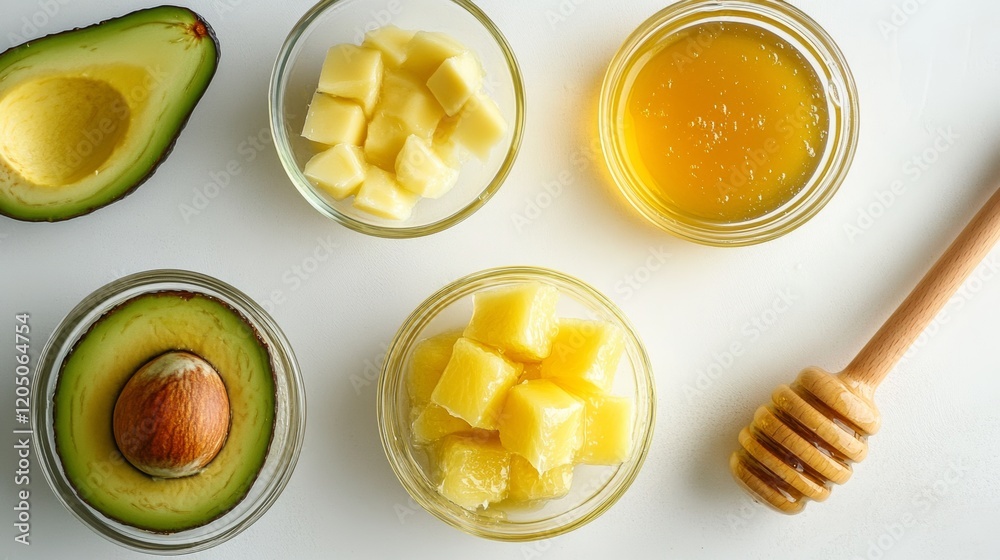 A DIY hair mask setup, including ingredients like honey and avocado, presented in glass bowls, on a white surface, A DIY hair mask setup, including ingredients like honey and avocado, presented in glass bowls, on a white surface,