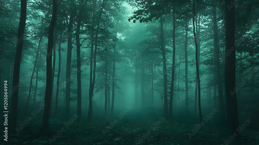 Fototapeta premium Enigmatic Forest Path, shrouded in an ethereal teal mist. Tall trees stand sentinel, their silhouettes barely visible in the atmospheric haze 