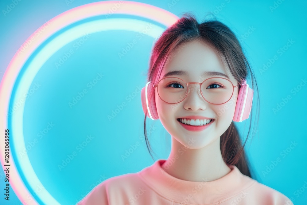 Smiling young woman with headphones and glowing neon ring light against blue background Smiling young woman with headphones and glowing neon ring light against blue background