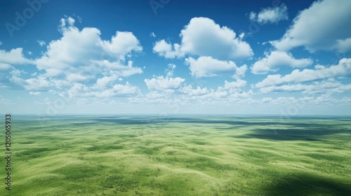 Expansive green field under a bright blue sky with fluffy white clouds creating a scenic vista