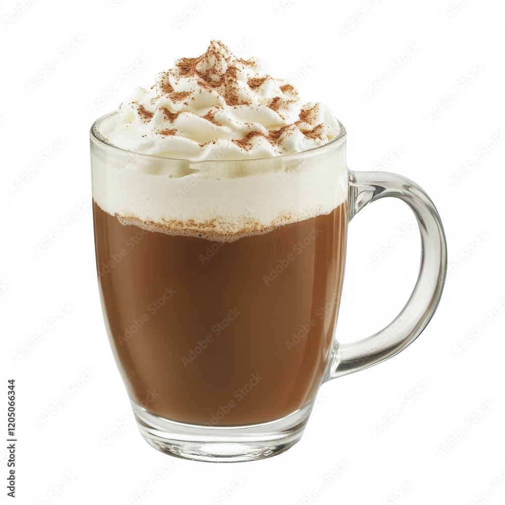 A creamy Irish coffee with whipped cream and a dusting of cocoa powder, served in a clear glass mug, the steam rising delicately A creamy Irish coffee with whipped cream and a dusting of cocoa powder, served in a clear glass mug, the steam rising delicately