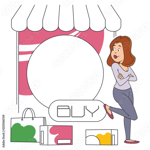 Funny girl buying clothes offline store.