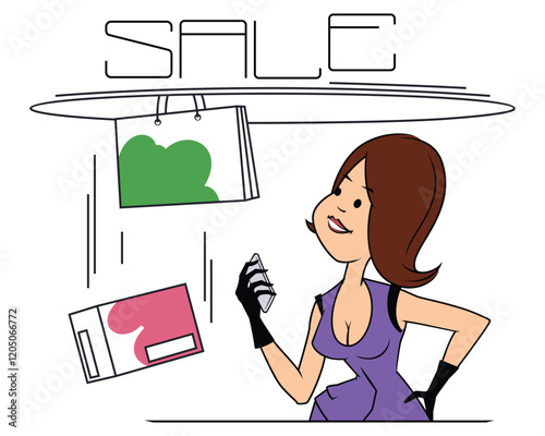 Cute girl buying clothes online store.