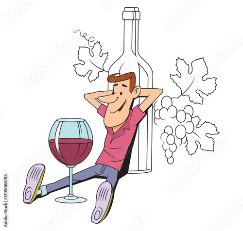 Man rests near wine bottle grapes.