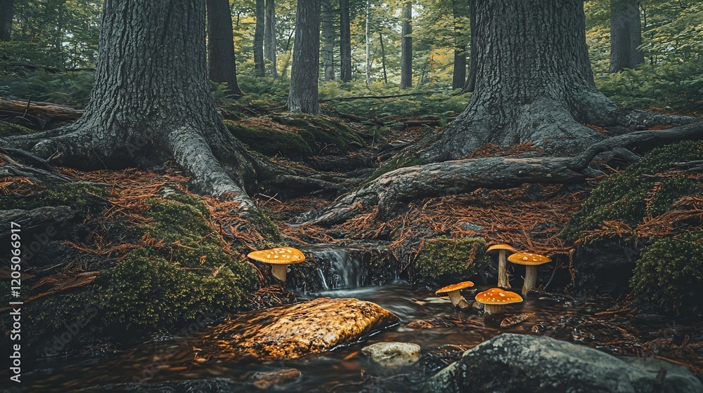 Enchanting Forest Stream with Moss Covered Roots and Autumn Fungi Enchanting Forest Stream with Moss Covered Roots and Autumn Fungi