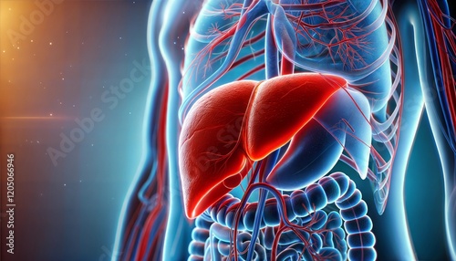 Wallpaper Mural human abdomen, emphasizing the liver and surrounding organs, highlighting liver health and functionality. Torontodigital.ca