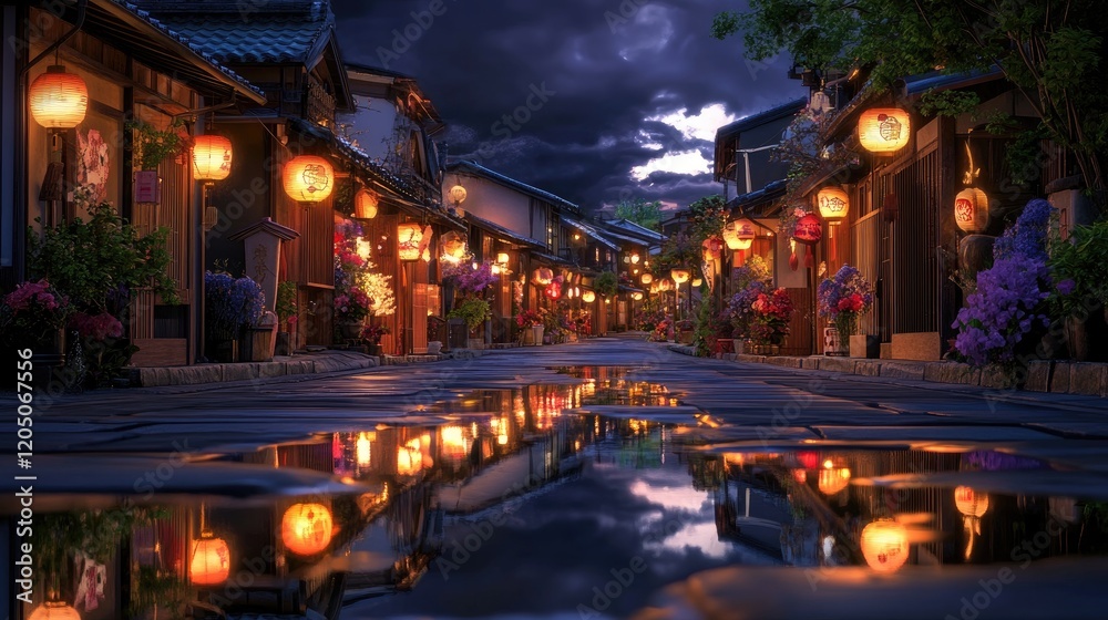 Illuminated Japanese Street at Twilight Reflecting in Puddles