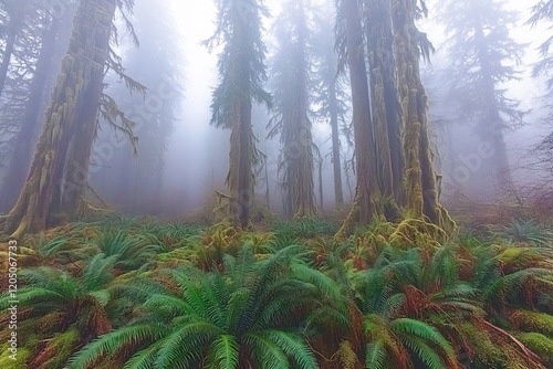 Enchanting Misty Forest Landscape with Lush Ferns and Towering Trees