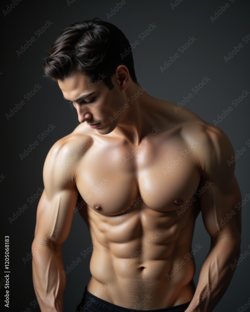 Fototapeta premium Athletic shirtless male model with muscular physique posing confidently in dramatic studio lighting, fitness concept, perfect for health and lifestyle promotions.