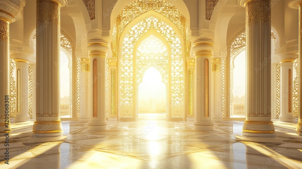 Obraz premium Sunlit Palace Hall with Ornate Columns and Arches