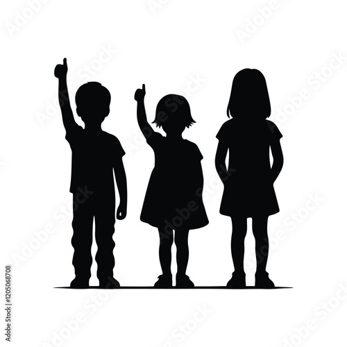 A silhouette of three children standing side by side