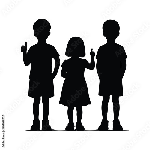 A silhouette of three children standing side by side