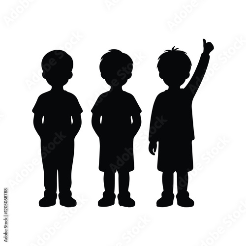 A silhouette of three children standing side by side