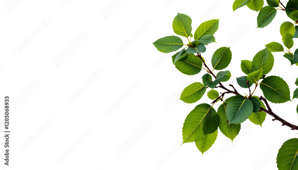 Lush Green Branch with Vibrant Leaves Isolated on White Lush Green Branch with Vibrant Leaves Isolated on White