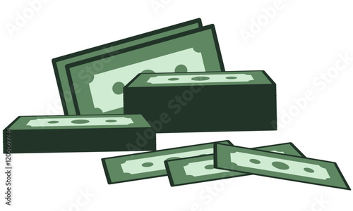 Graphic image of a stack of cash, banknotes, suitable for use in designs related to money, banking, investment, marketing, saving money, business.