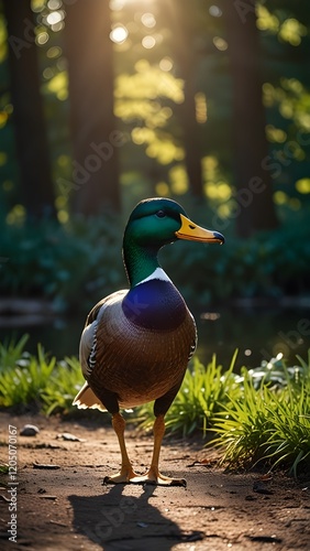 A majestic duck wears stylish dark sunglasses and a shiny golden watch around its neck