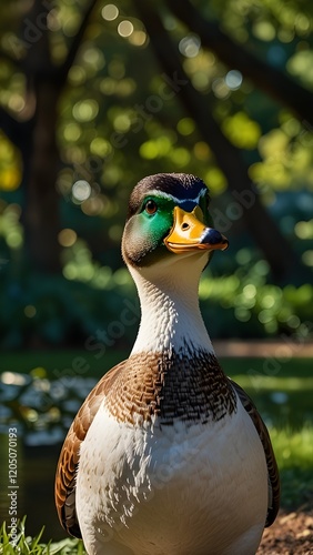 A majestic duck wears stylish dark sunglasses and a shiny golden watch around its neck