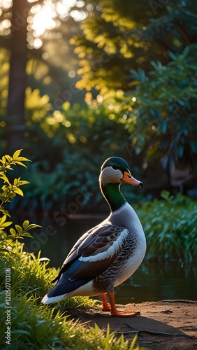 A majestic duck wears stylish dark sunglasses and a shiny golden watch around its neck