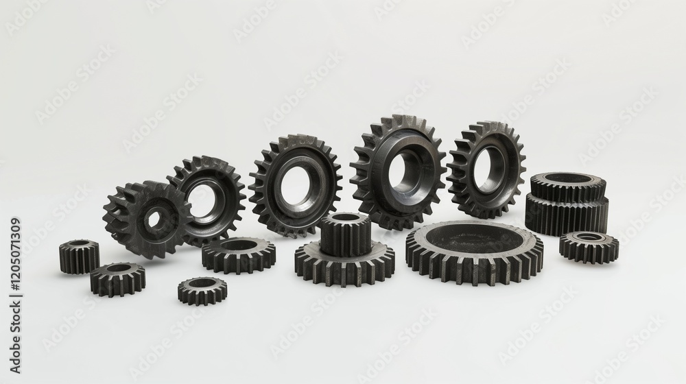 A set of mechanical gears of varying sizes, arranged neatly on a white background. A set of mechanical gears of varying sizes, arranged neatly on a white background.