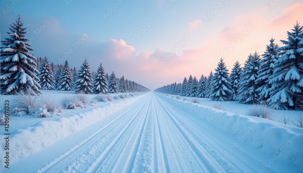 Obraz premium The road disappears into the distance covered in thick layer of snow, frost, winter scenery, cold weather