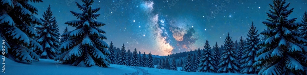 Towering evergreen branches stretching towards the starry sky, christmas tree, snow, forest