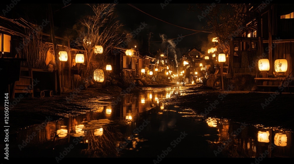 Nighttime Japanese Village Street Illuminated By Lanterns Nighttime Japanese Village Street Illuminated By Lanterns