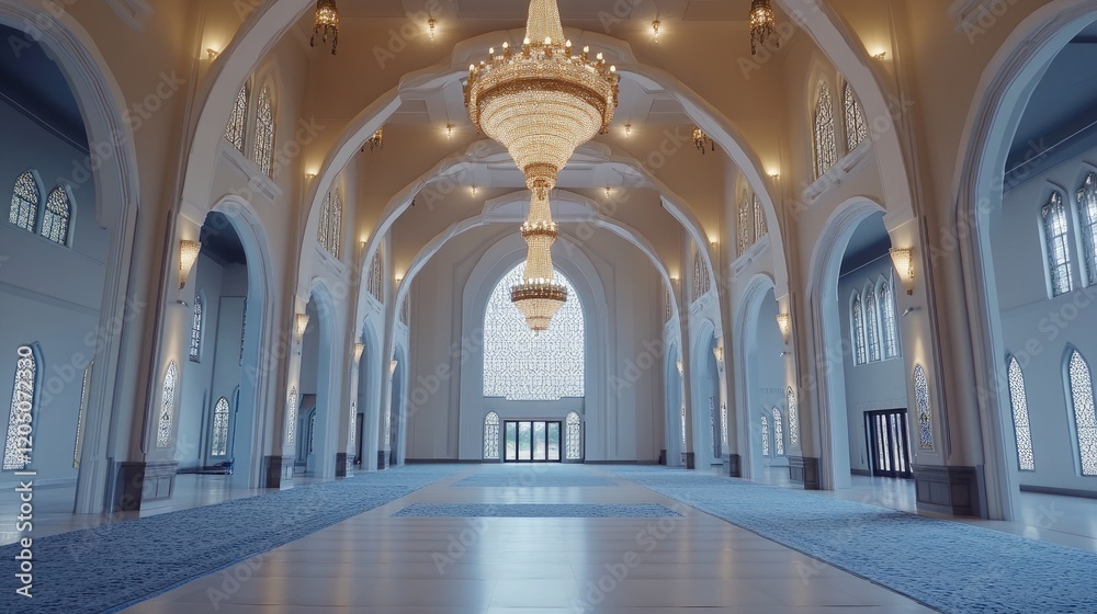 Fototapeta premium Elegant Mosque Interior With Grand Chandelier And Archways