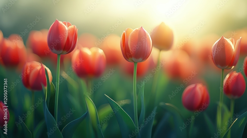 Fototapeta premium Sunset tulips field, spring bloom, nature background