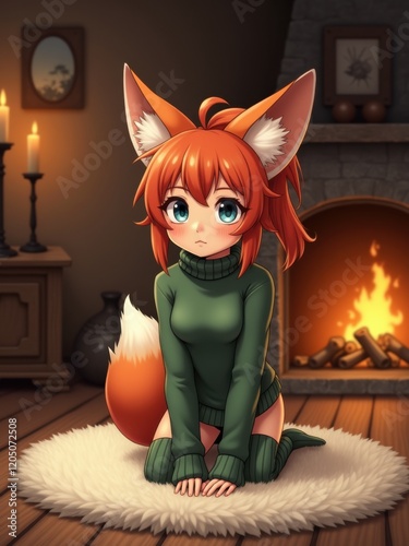 A fox girl with red hair, fox ears, and a fluffy tail, dressed in a green sweater and knee socks, sitting on a soft rug near a glowing fireplace. Ideal for anime, fantasy, or cozy lifestyle themes.
