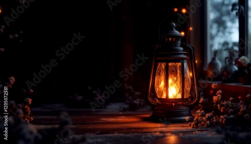 Glowing Lantern on Snowy Wooden Table Winter Scene