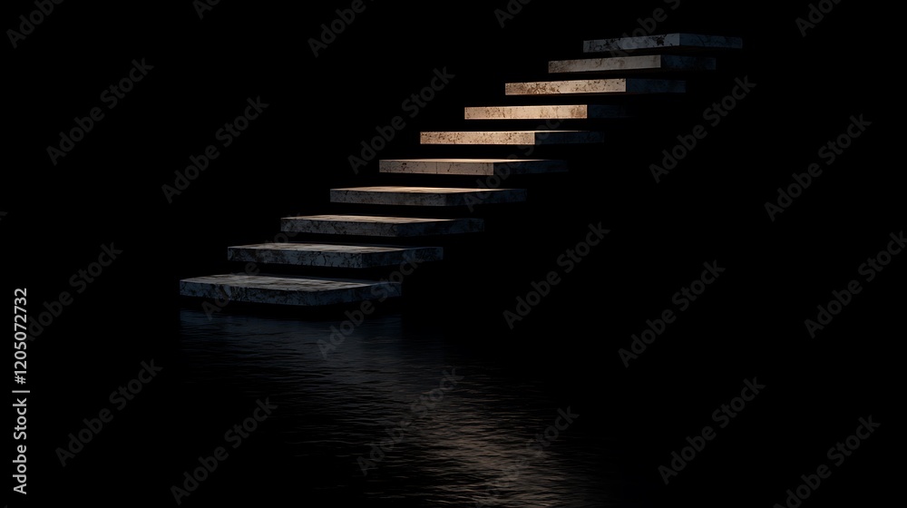 A surreal floating staircase disappearing into a completely black background