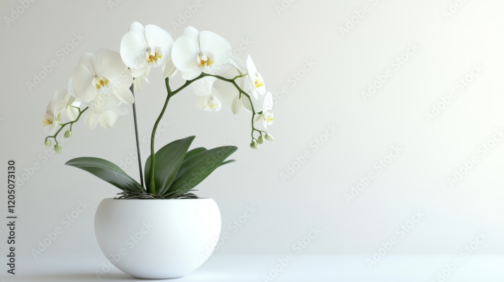 A flower pot with a blooming orchid, isolated on a seamless white background, A flower pot with a blooming orchid, isolated on a seamless white background,