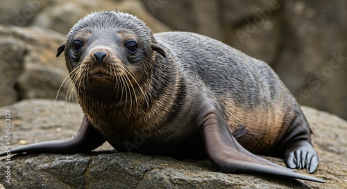 A young seal with wet fur and expressive whiskers rests on a rocky surface, gazing curiously at the camera in a natural coastal environment.