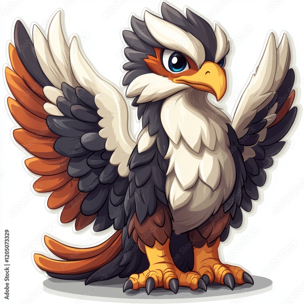 Obraz premium Cartoonish Griffin Creature with Multicolored Feathers and Sharp Talons, Isolated on White Background