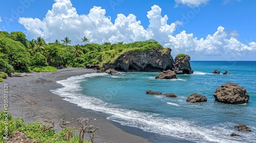 Tropical Black Sand Beach with Volcanic Rock Formations